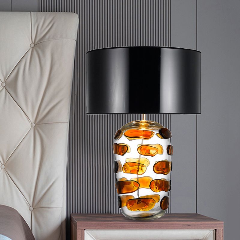 Yellow/Blue Jar Nightstand Light Modern 1 Bulb Clear Glass Desk Lamp with Drum Black/White Fabric Shade