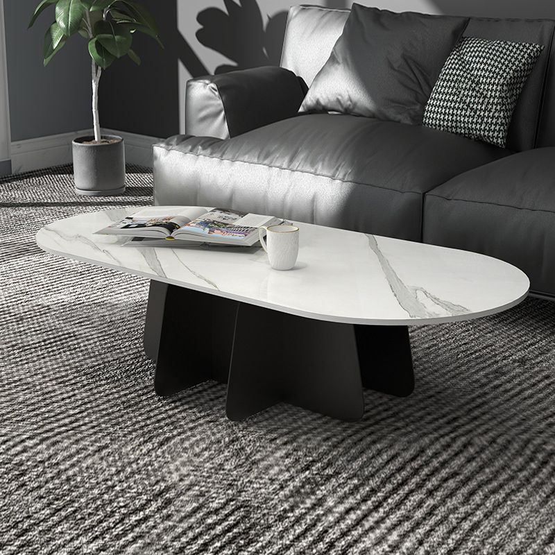 Glam Style Oval Coffee Table with Marble Top and Iron Base in Black