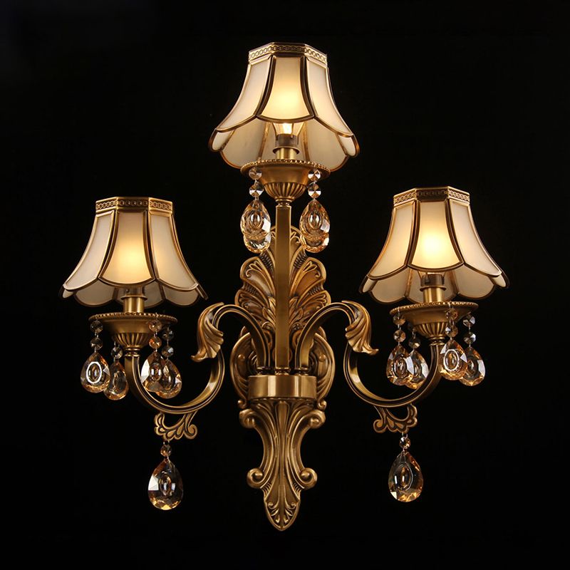 3 Heads Scalloped Wall Lighting Traditional Brass Finish Frosted Glass Sconce with Crystal Deco