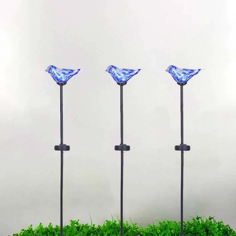 Bird Garden Decoration Stake Lamp Blue/Yellow/Orange Glass Modernist LED Solar Path Light in Black