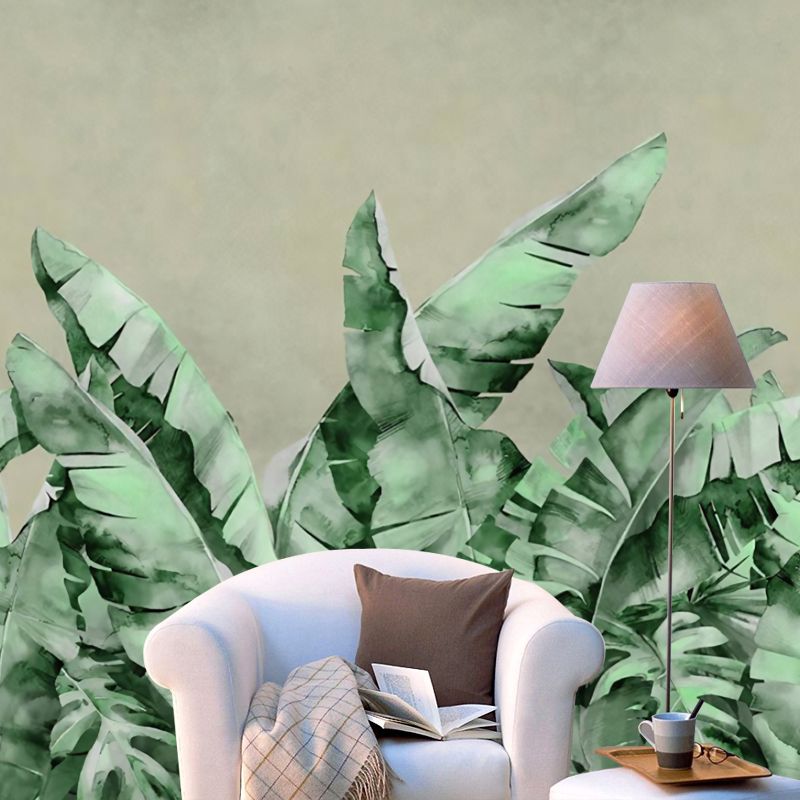 Green Contemporary Mural Wallpaper Full Size Banana Leaf Wall Decor for Commercial Use