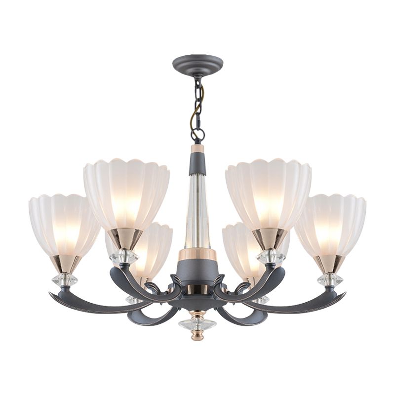 6/8 Bulbs Suspension Pendant with Floral Shade Opal Glass Countryside Guest Room Ceiling Chandelier in Grey