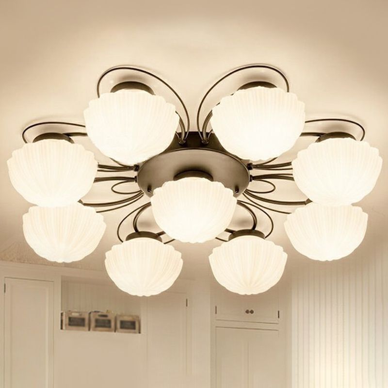 Ribbed Cream Glass Black Flush Mount Chandelier Bowl Classic Semi Flush Light Fixture for Dining Room