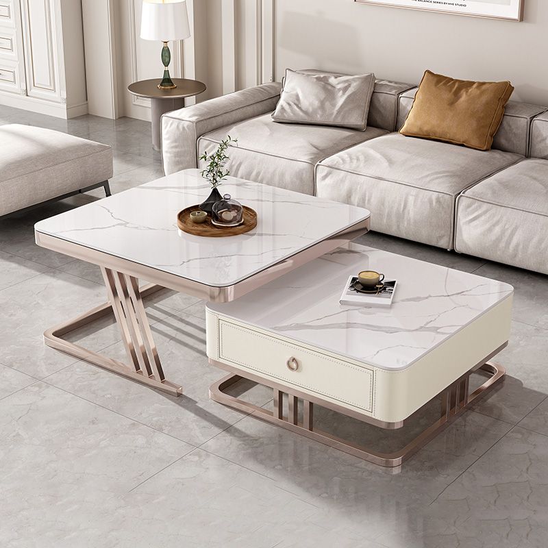 2 Nesting Coffee Table Set Slate & Glass Top Square Cocktail Table with Drawers