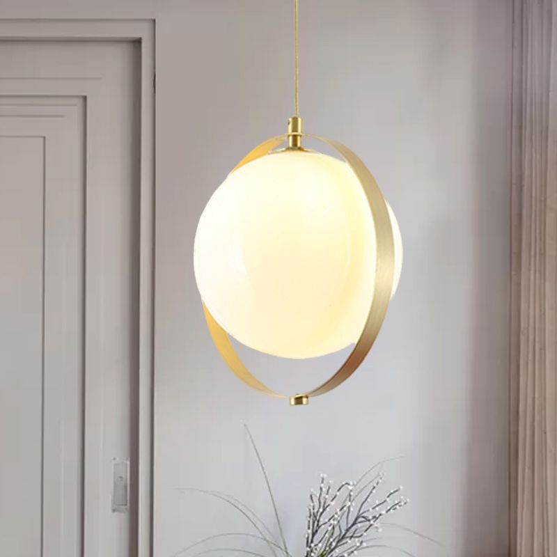 Globe White Glass Hanging Light Kit Modern 1 Light Pendant Lighting with Brass Ring