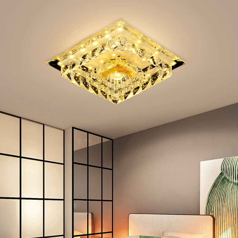 Tiered Square Bedroom Flushmount Modernism Clear Crystal LED Chrome Ceiling Light Fixture, Warm/White Light