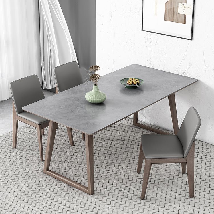 Mid-Century Modern Dining Table Gray Sintered Stone Dining Table with Wood Base
