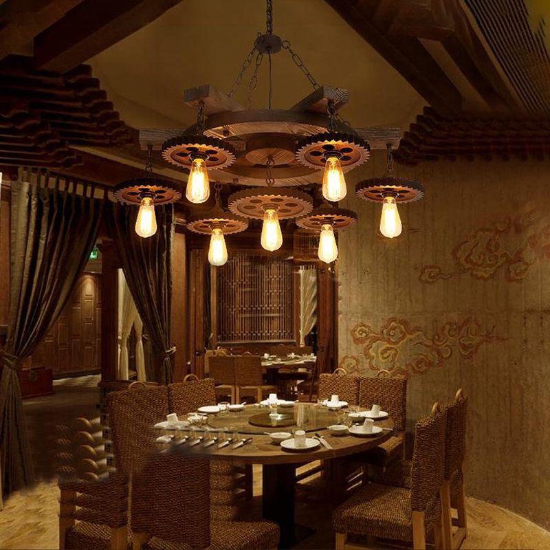 Metal Black Ceiling Chandelier Gear 3/7 luces industriales iluminación en negro con estante de madera redonda