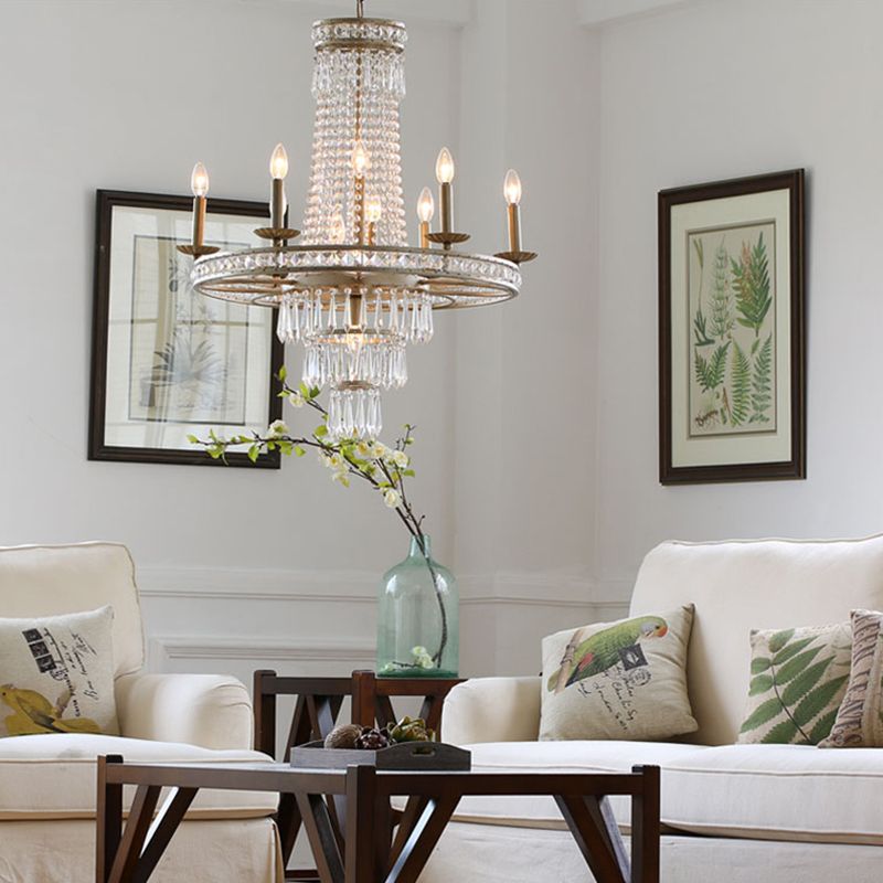 Silver 8/10 Lights Chandelier Countryside Crystal Tiered Ceiling Suspension Lamp for Living Room