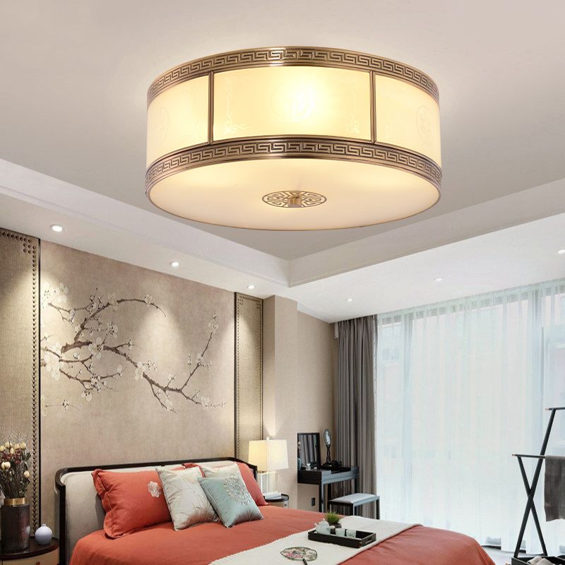 Traditional Copper Flush Ceiling Light Bedroom Flush Mount Lamp with Glass Shade