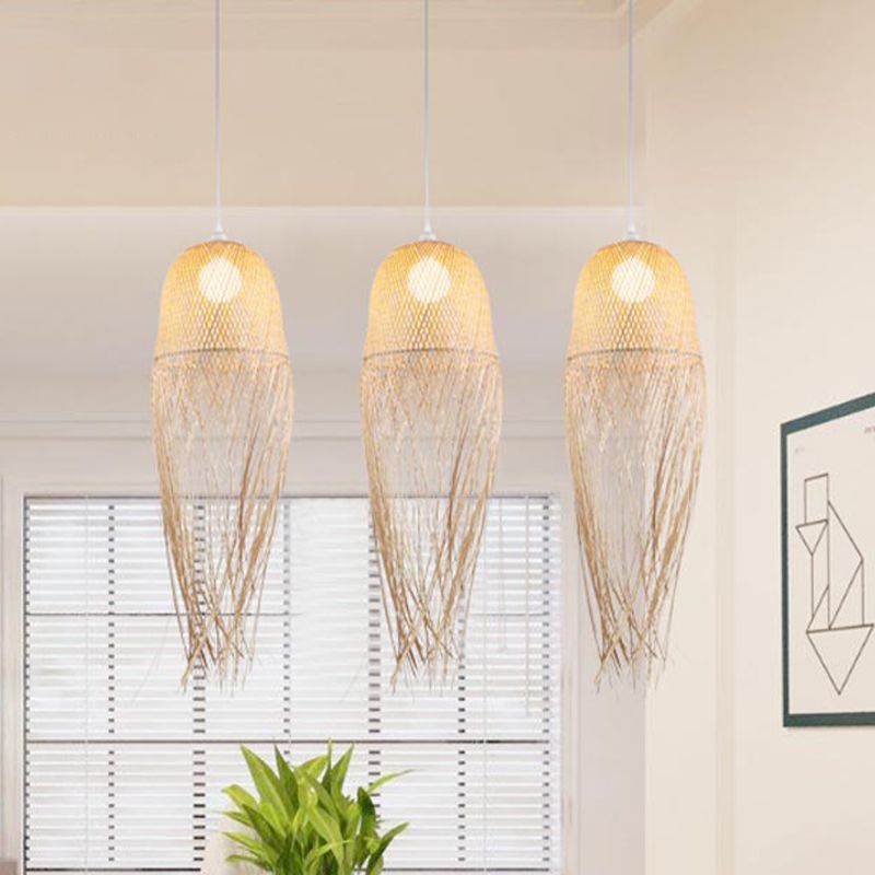 Hand-Knitted Pendant Light with Tassel Design Modern Bamboo 1 Head Beige Hanging Lamp for Dining Room