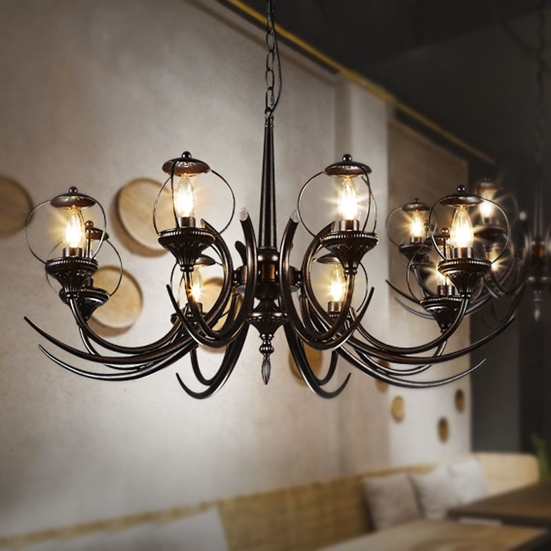 Farmhouse Wire Guard Chandelier Lighting with Curved Arm 8 Heads Iron Hanging Light Fixture in Black
