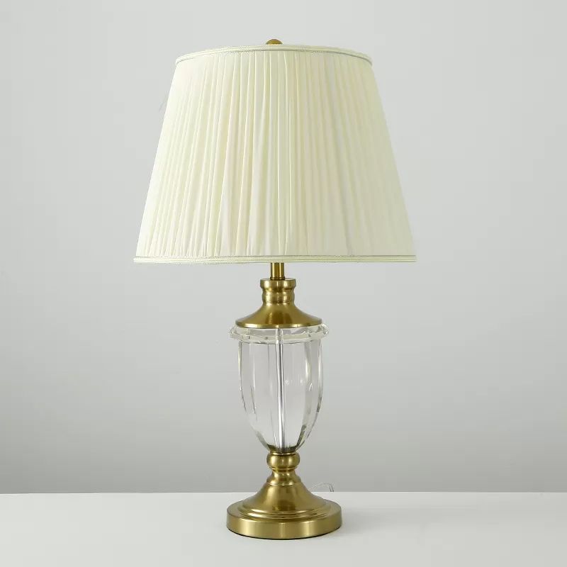 Luz de la mesita de noche de la tela de tela Mesa de mesa de beige individual minimalista con base de cristal