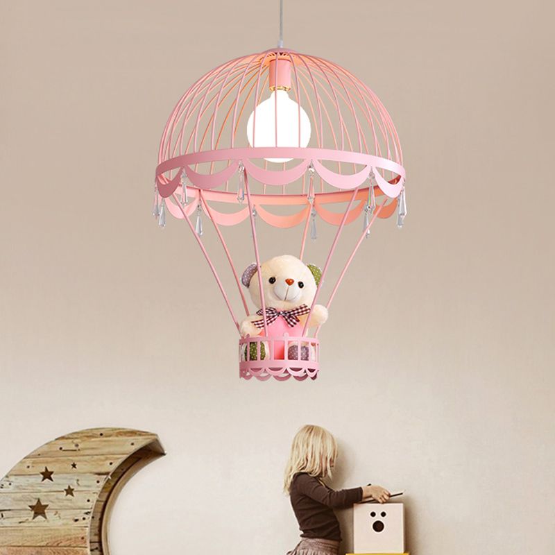 Hot Air Balloon Bedside Ceiling Light Metal Single Cartoon Hanging Lamp with Bear and Crystal Accent
