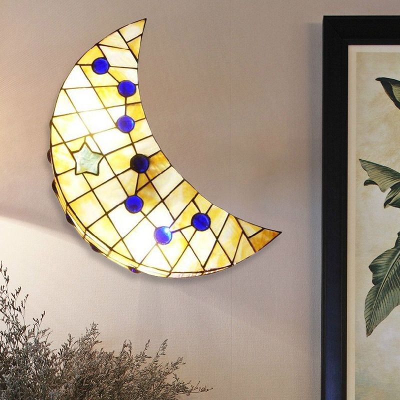 Moon Shape Wall Light Vintage Stained Glass 1-Light Wall Sconce for Hallway