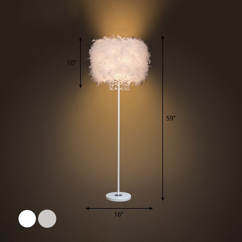 Single-Bulb Living Room Floor Lamp Minimalist White/Chrome Standing Light with Cylindrical Feather Shade
