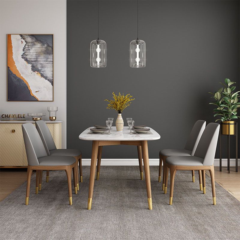 Stone Top Dining Table Mid-Century Modern Table with 4 Wood Legs