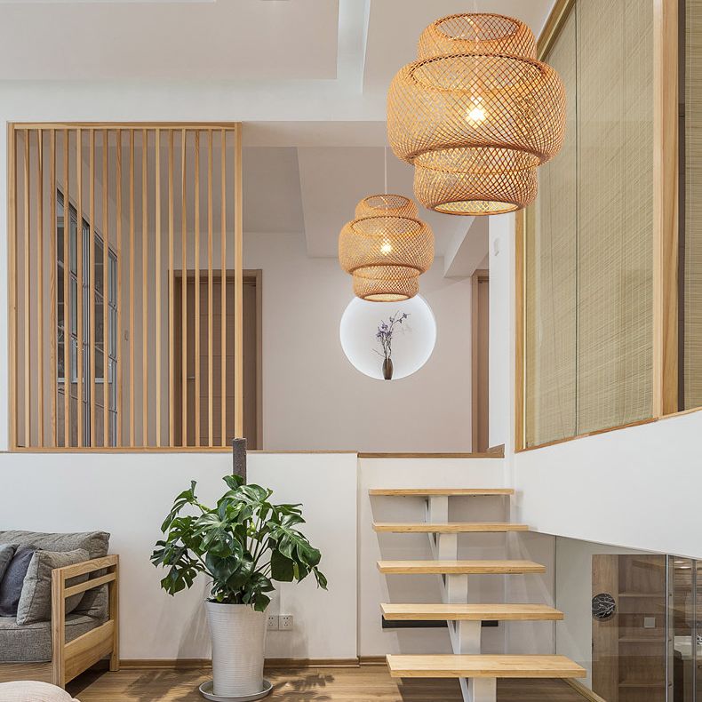Natural Bamboo Weaving Lantern Hanging Light Asian Style Simplicity 1-Bulb Lighting Fixture in Beige