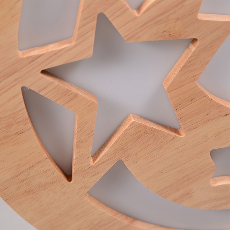 Geschnitzte Mond und Stern Deckenleuchte Zeitgenössische Natürliche Holz LED Foyer Flush Mount Licht