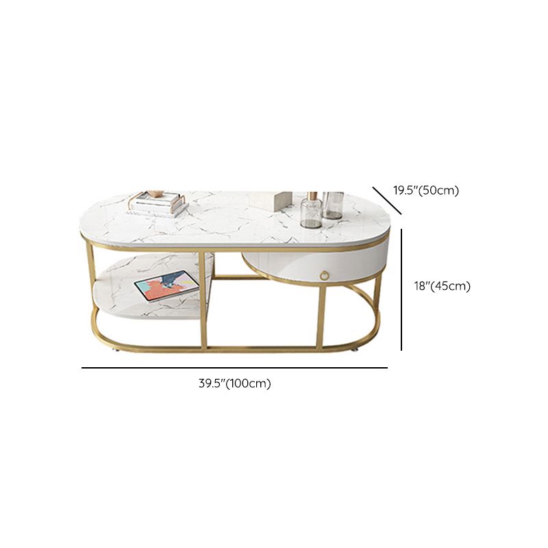 Glam Style Cocktail Table with Shelf and Drawer Stone Ova Top Coffee Table