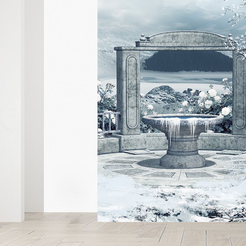 Illustration Style Courtyard Wall Mural for Living Room, White, Custom Size Available