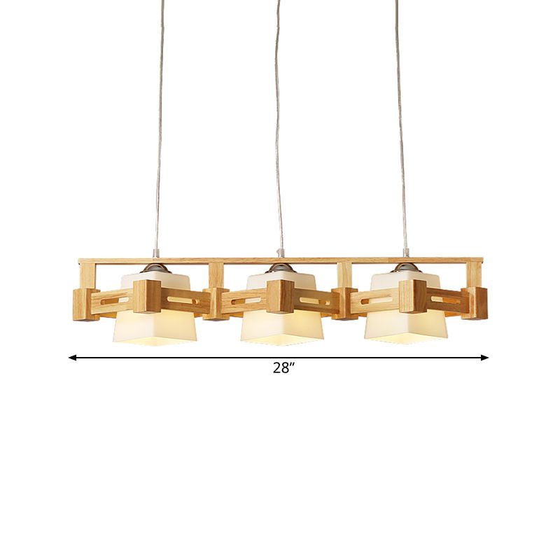 Cubic Milk Frosted Glass Island Lighting Modern 3 Bulbs Beige Pendant Lamp with Wood In-Line Rhombus Cage