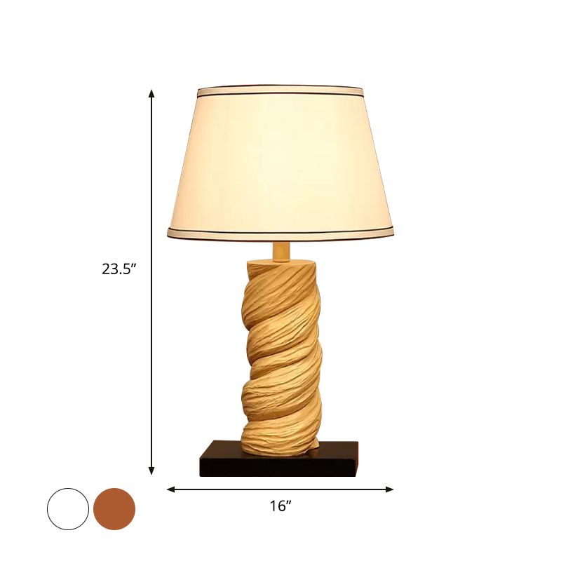 Conic Fabric Night Table Lighting Traditional 1-Light Bedroom Desk Light in White/Brown with Resin Twisted Column