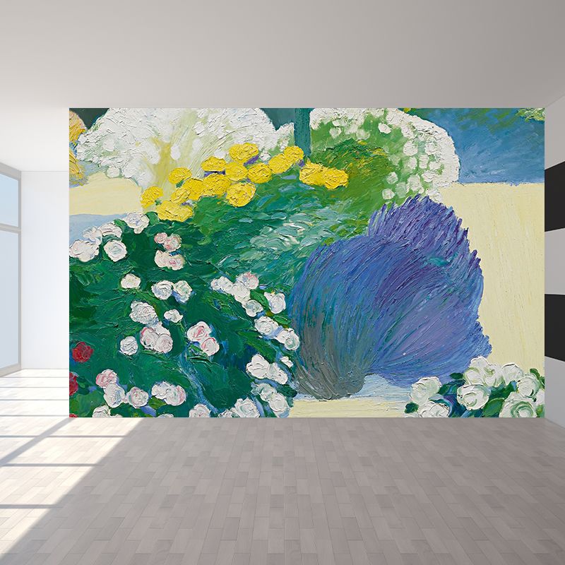 Green Colored Flowers Mural Wallpaper Stain Resistant Wall Covering for Dining Room