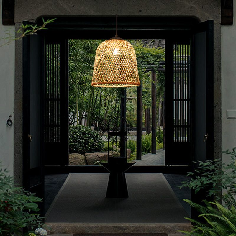 Bell Restaurant Pendant Light Bamboo Single-Bulb Contemporary Suspension Light in Wood