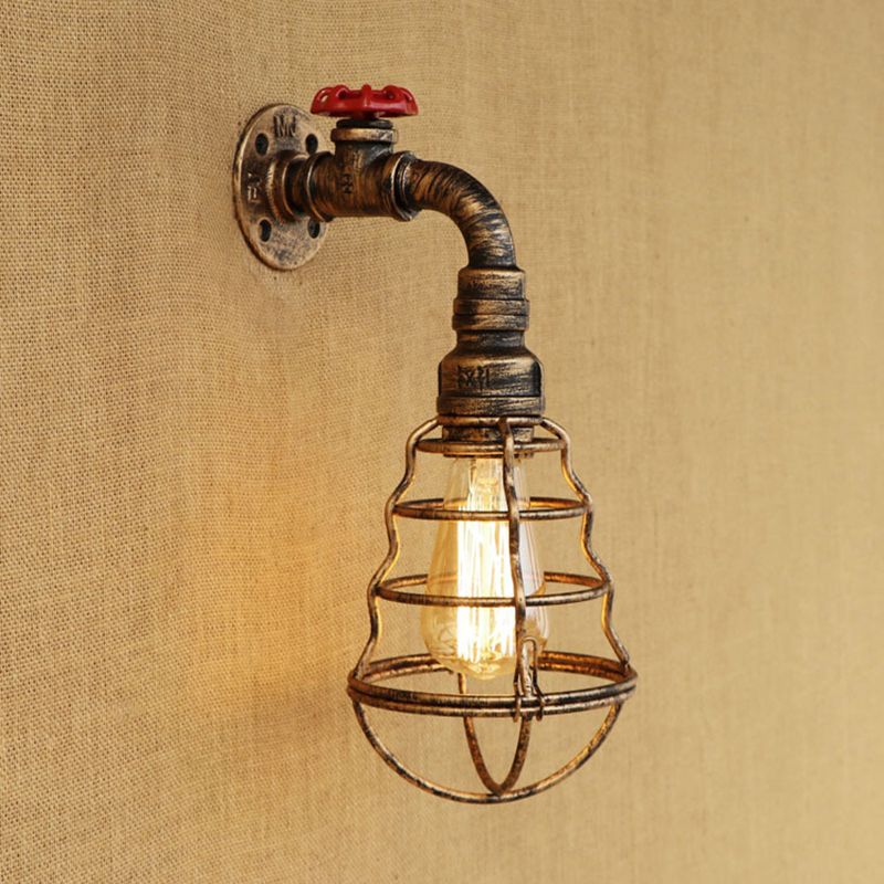 1 cage de tête en forme de bulbe de lampe murale de lampe à la ferme en bronze vieilli en bronze en bronze applique murale avec roue de soupape