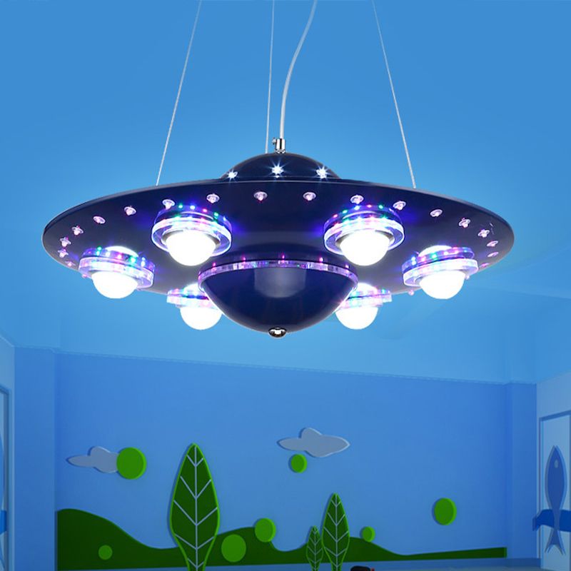 Metal Flying Saucer Hanging Chandelier Cartoon Integrated LED Pendant Ceiling Light in Silver/Dark Blue