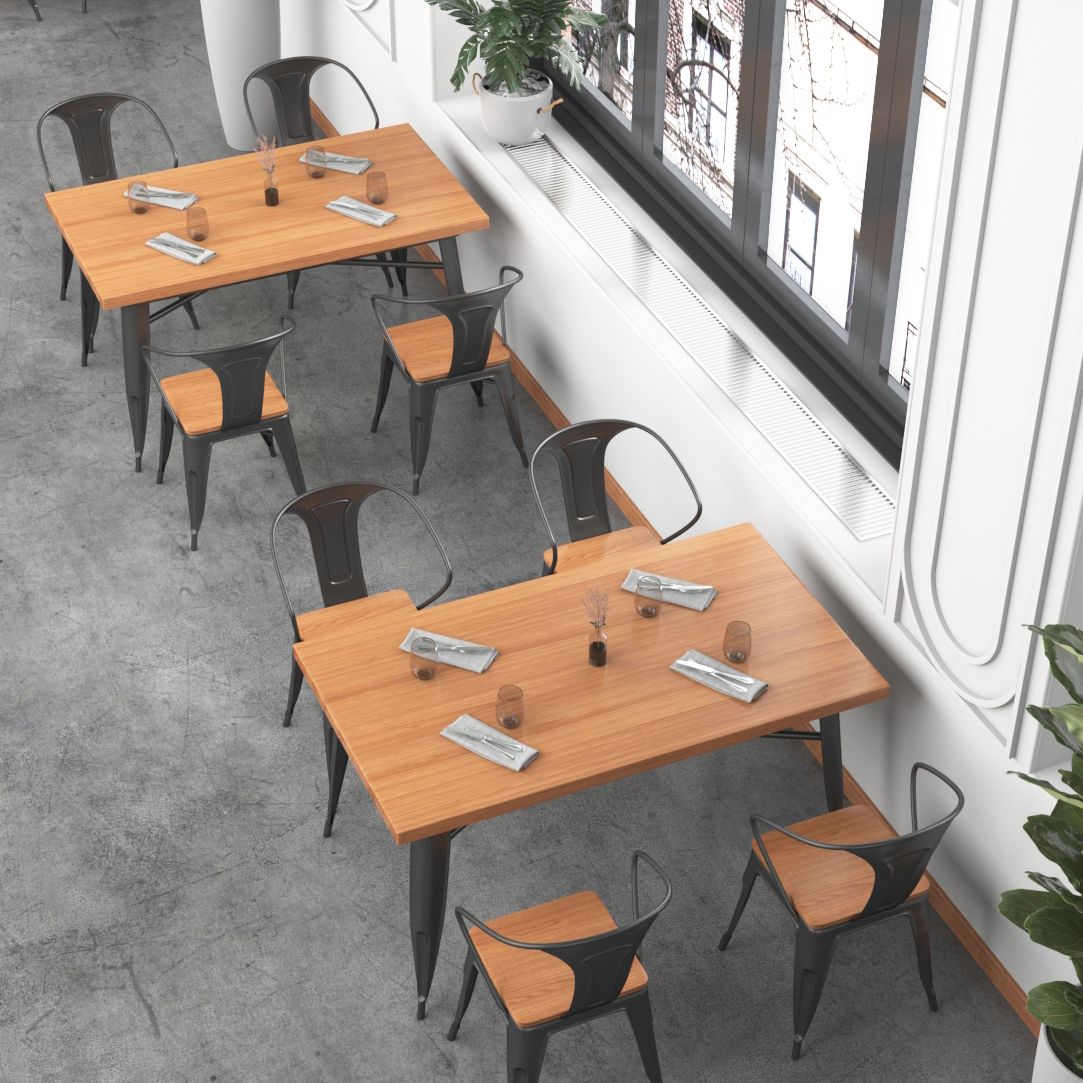 Mesa de comedor de madera sólida Mesa de comedor industrial de 4 patas con base de metal