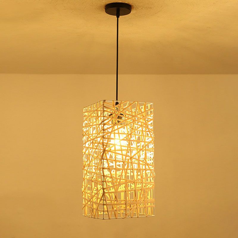 Cottage Woven Shade Drop Pendant Wood 1 Bulb Restaurant Hanging Light Kit in Beige