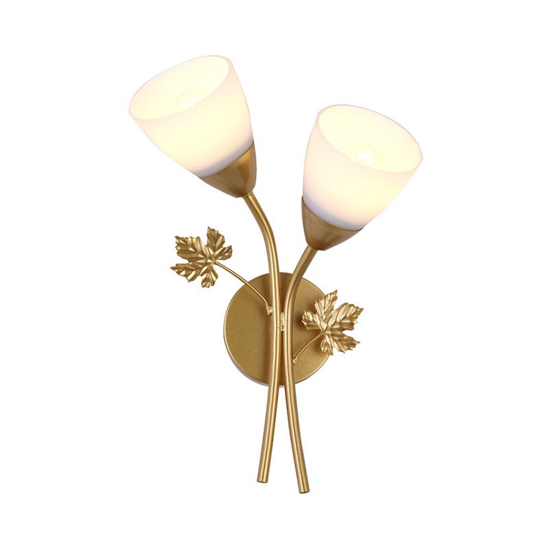 Floral Wall Lamp Modernist Milk Glass 2 Bulbs Black/Gold Sconce Light Fixture with Metal Leaf