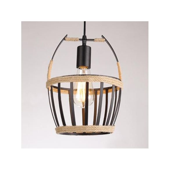 Metal Bucket Cage Hanging Ceiling Light Country 1 Light Restaurant Pendant Lighting with Rope Detail in Black