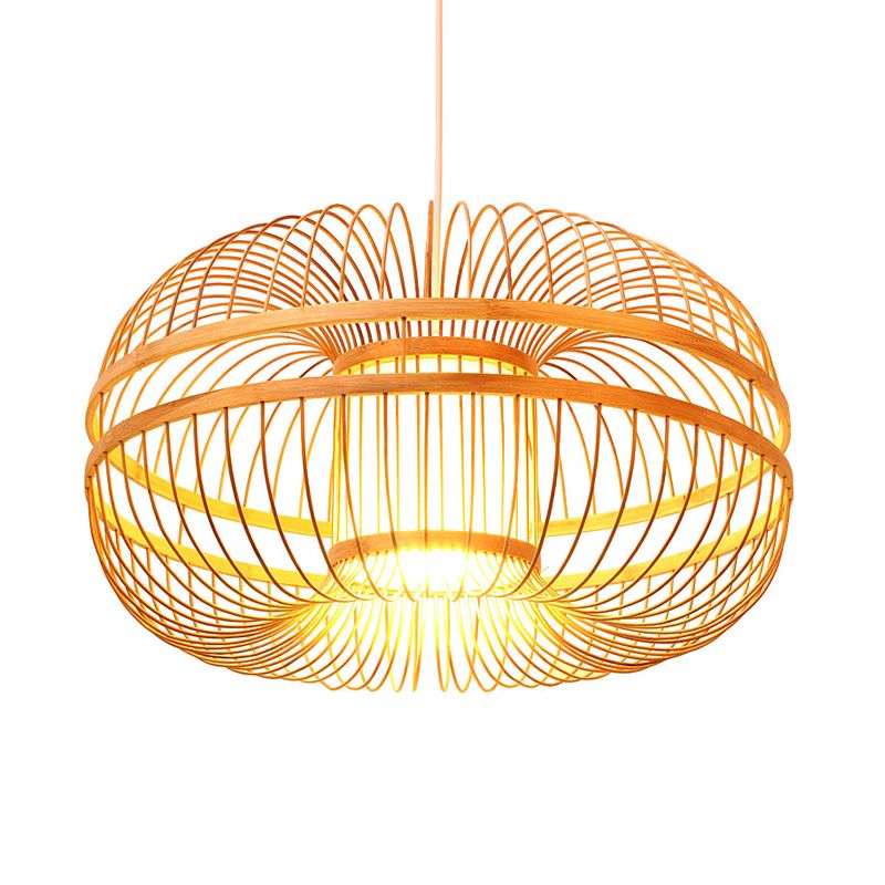 Bamboo Lantern Shade Suspension Lamp Modern Single Light Ceiling Pendant in Wood