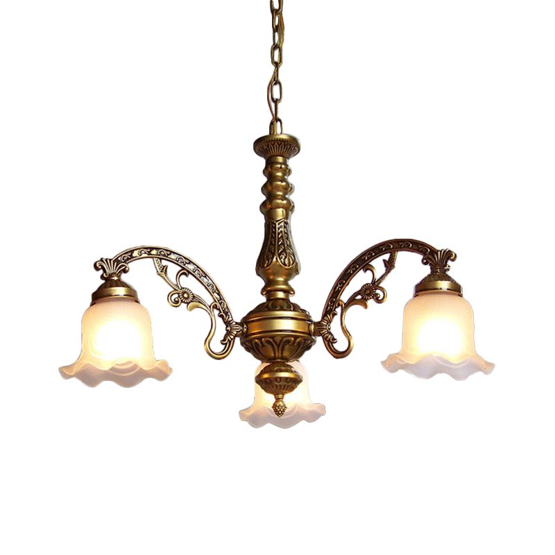 3/6 Bulb Ceiling Lamp with Scalloped Shade Frosted Textured Glass Traditional Dining Room Chandelier in Brass