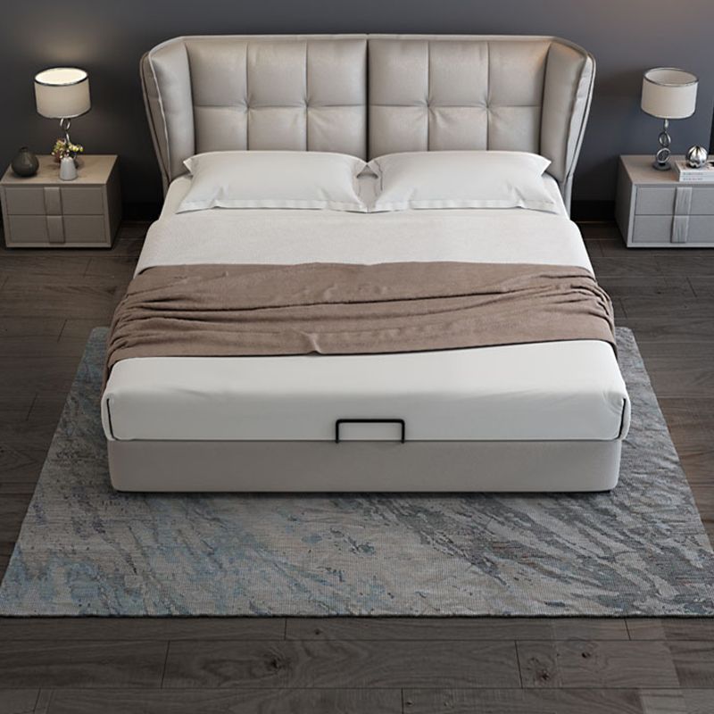 Modern Grey Wingback Bed with Rectangle Faux Leather Headboard