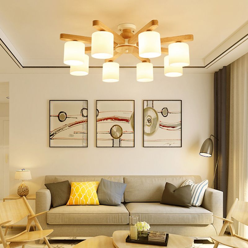 Cylinder Semi Flush Japanese Cream Glass Living Room Ceiling Mount Chandelier in Wood