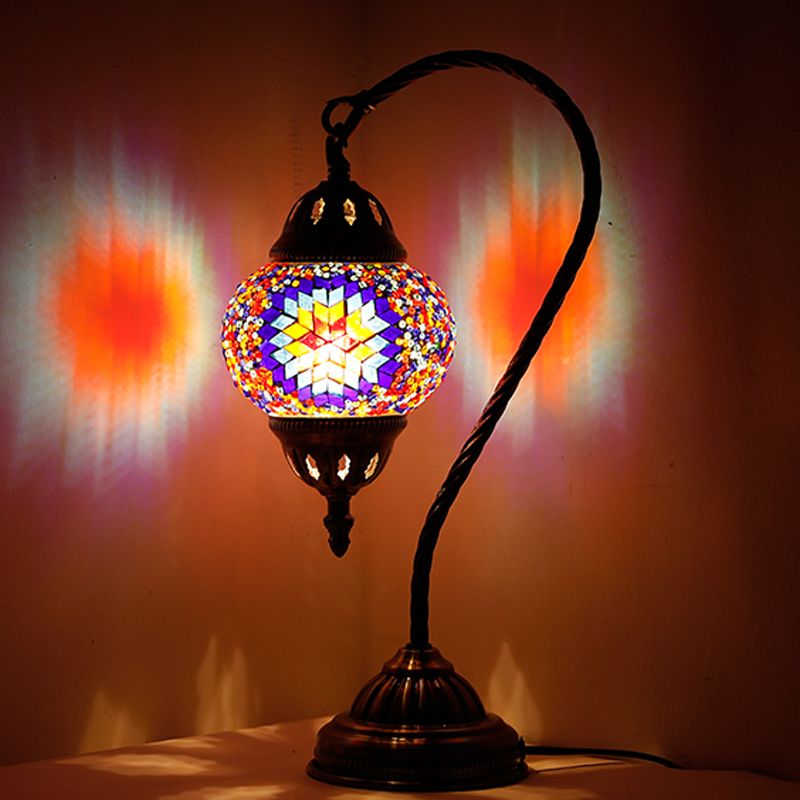 1 Bulb Night Lamp Mediterranean Teardrop Shaped Purple/Yellow and Red/Red Brown Stained Glass Nightstand Light with Gooseneck Arm