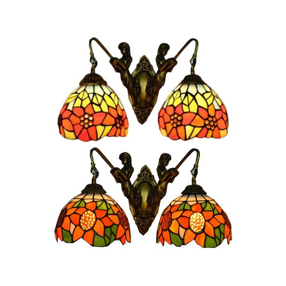 Flower Wall Light Fixture Tiffany Orange-Green/Orange-Yellow Glass 2 Heads Antique Brass Sconce Light