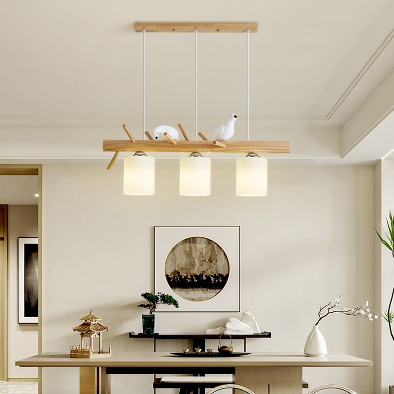 Modern Wood Pendant Light Cylinder Shape Island Light with Glass Shade for Bedroom