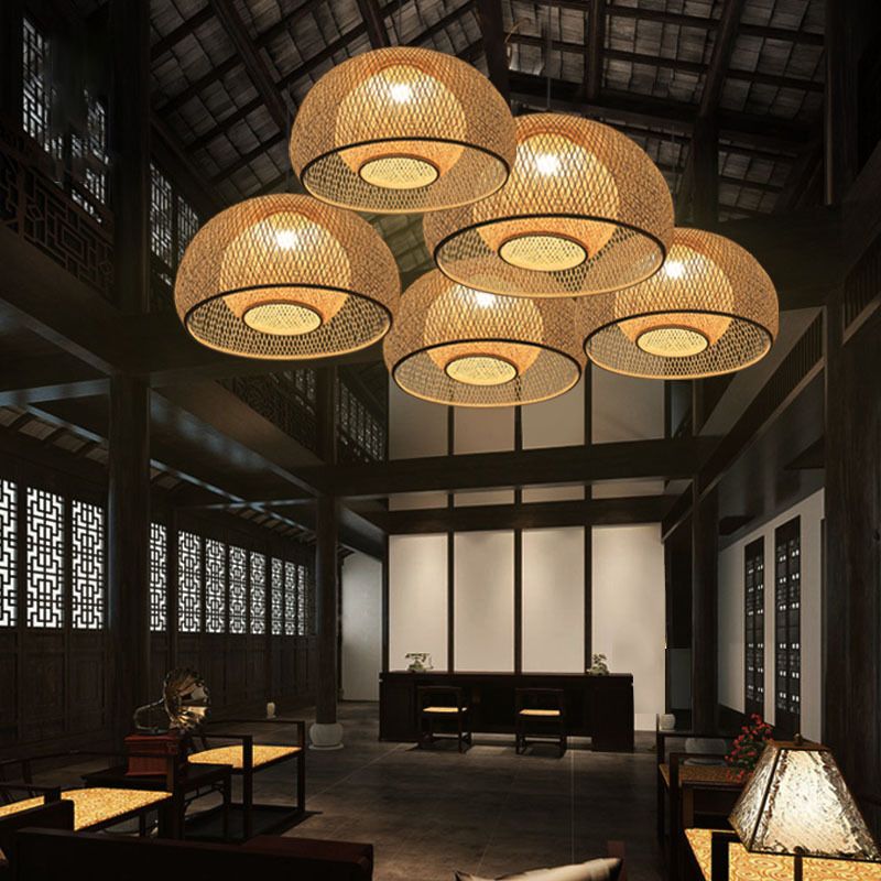 Asian Style Dome Ceiling Light Bamboo Single Tea Room Hanging Pendant Light in Wood