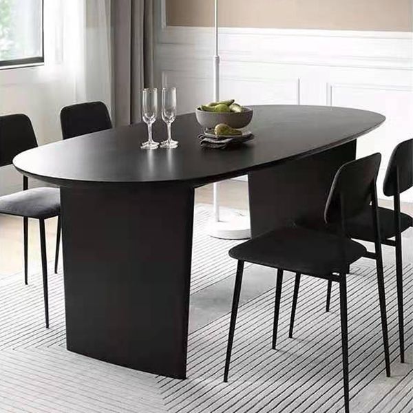 Ovaal dubbele voetstuk moderne eettafel zwarte vaste tafel met massief hout