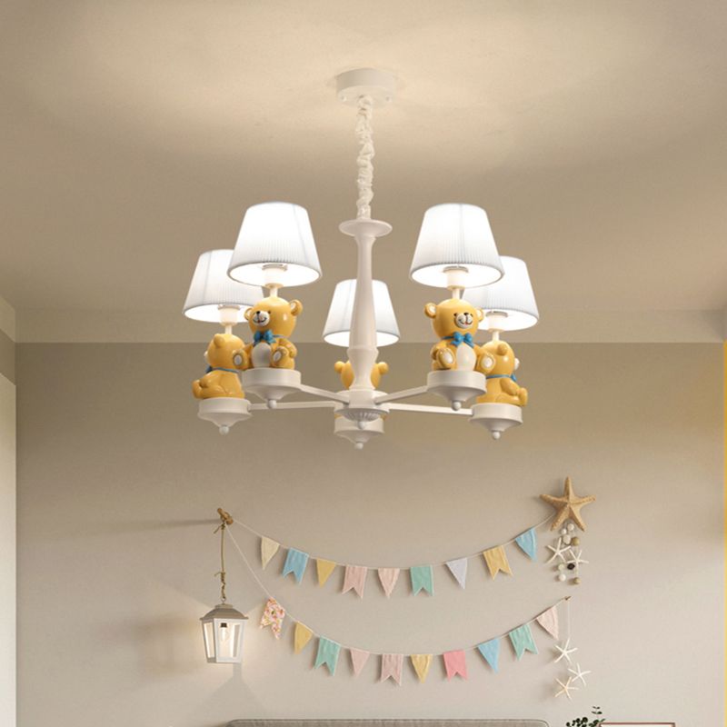 Bucket Chandelier Lighting Kids Pleated Fabric Child Room Pendant Light with Decorative Bear in White