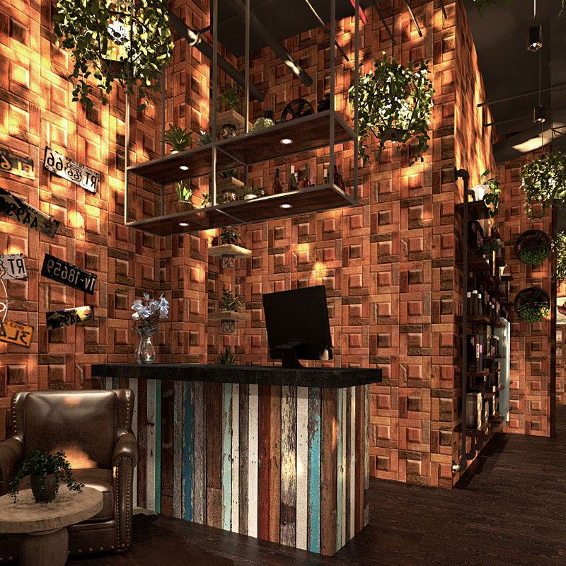 Stain-Resistant Cube Wallpaper Non-Pasted 3D Wood PVC Wall Covering in Dark Red