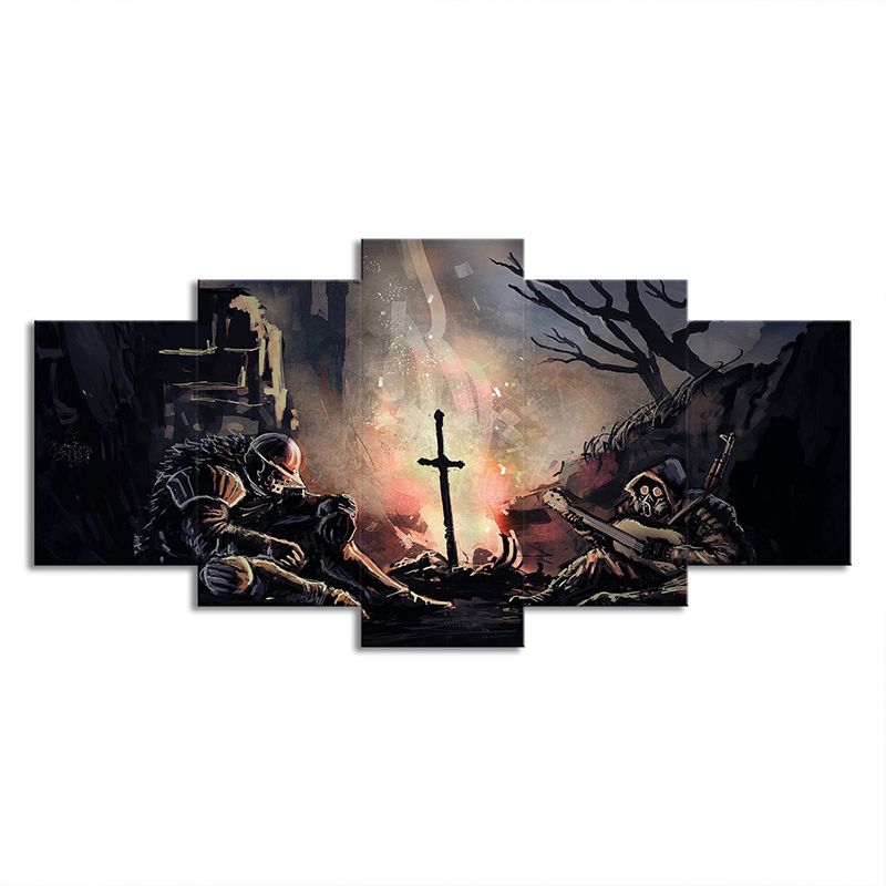 Fictional Dark Soul Soldier Canvas Living Room Wall Art Print in Brown, Multi-Piece