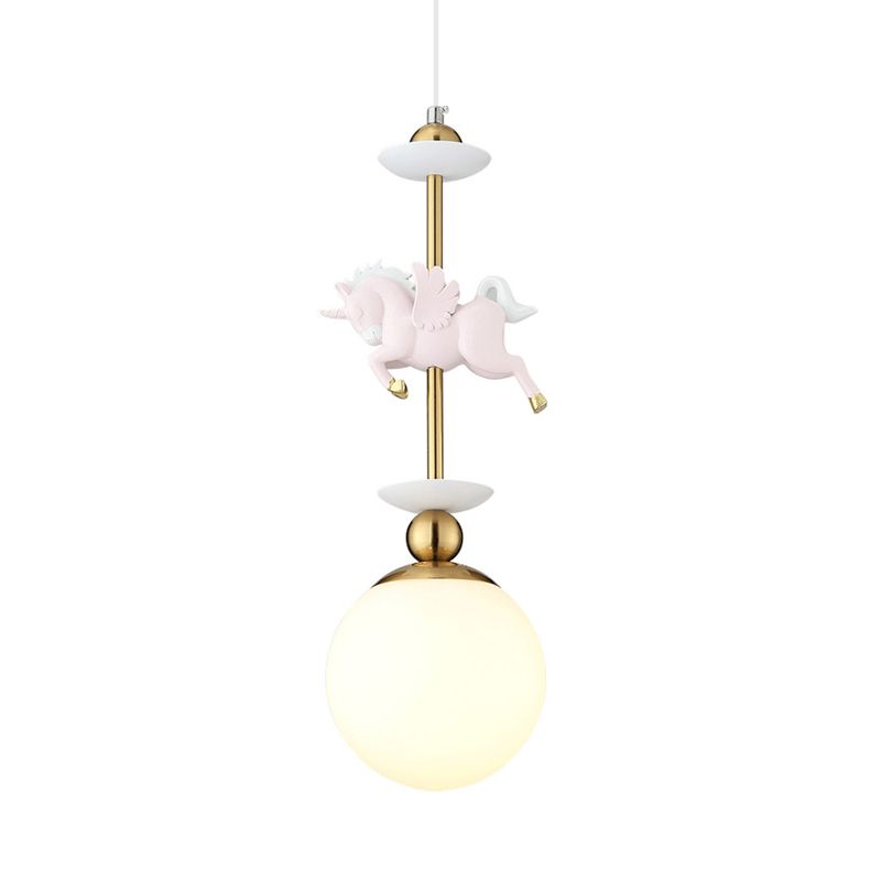Globe moderne suspendu en verre clair 1 pendentif de tête de chambre à coucher avec décoration de licorne en rose
