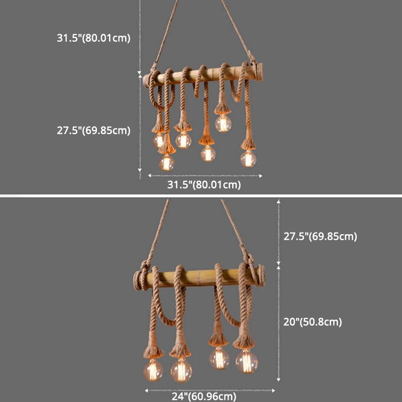 Vintage Hemp Rope Chandelier Industrial Retro Linear Exposed Bulb Bamboo Pendant for Restaurant