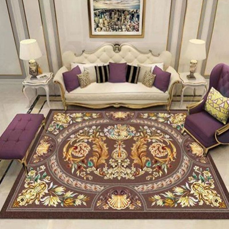 Brown Tone Olden Area Carpet Polyester Concentric Circle Indoor Rug Easy Care Carpet for Living Room